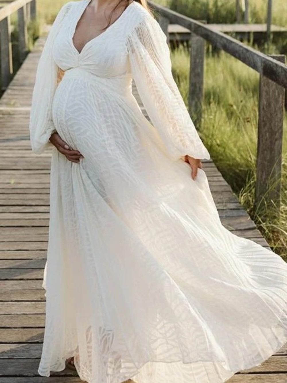 Momyknows Maternity White Flowy Boho Lantern Sleeve Maxi Dress Size XL